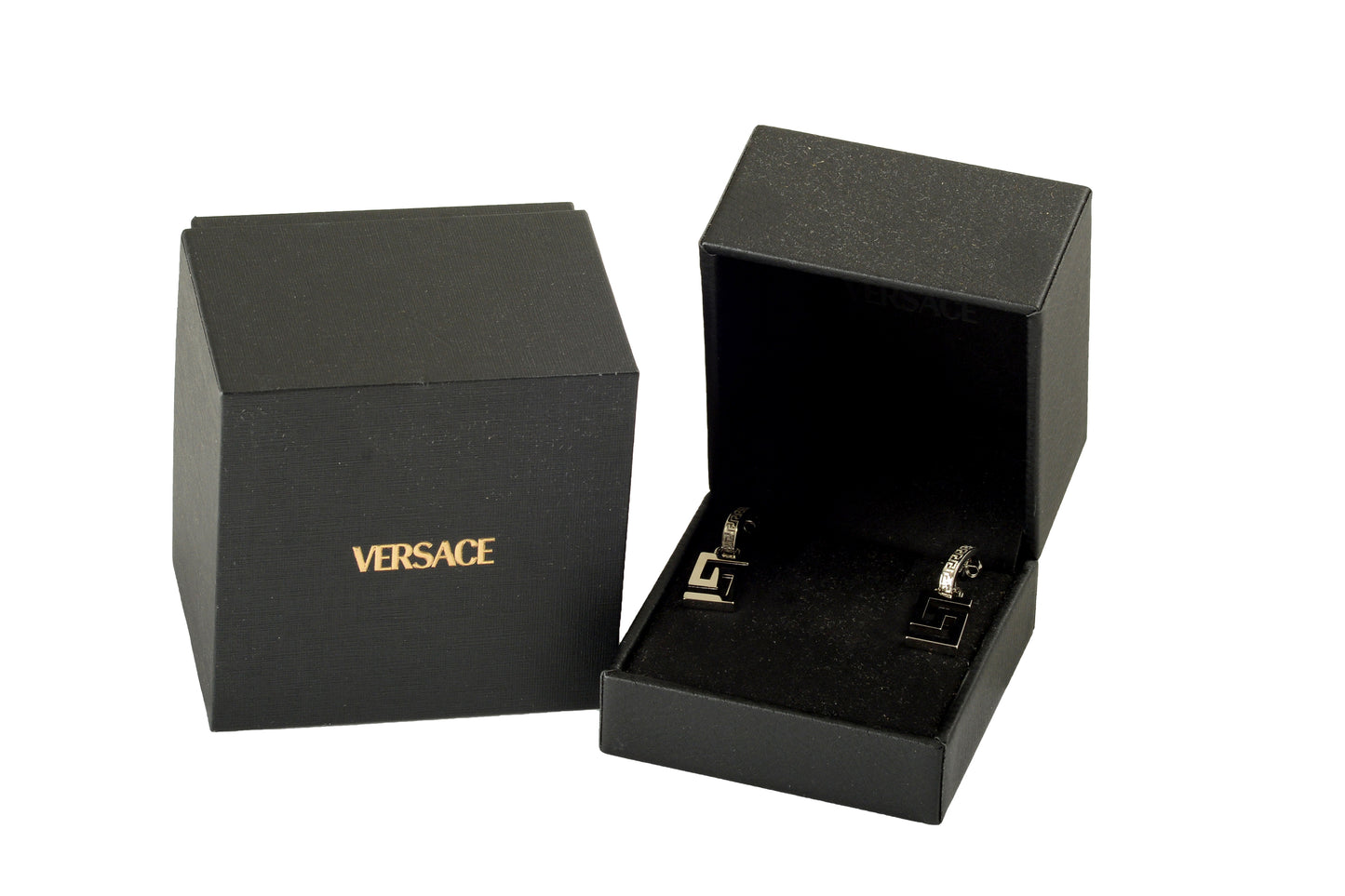 Versace Silver Color Metal Greeca Logo Stud Earrings
