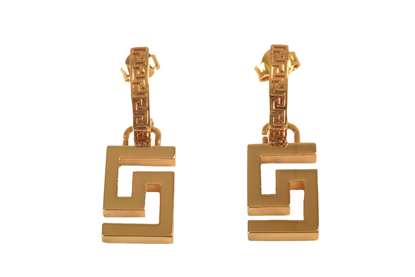 Versace Gold Color Metal Greeca Logo Stud Earrings