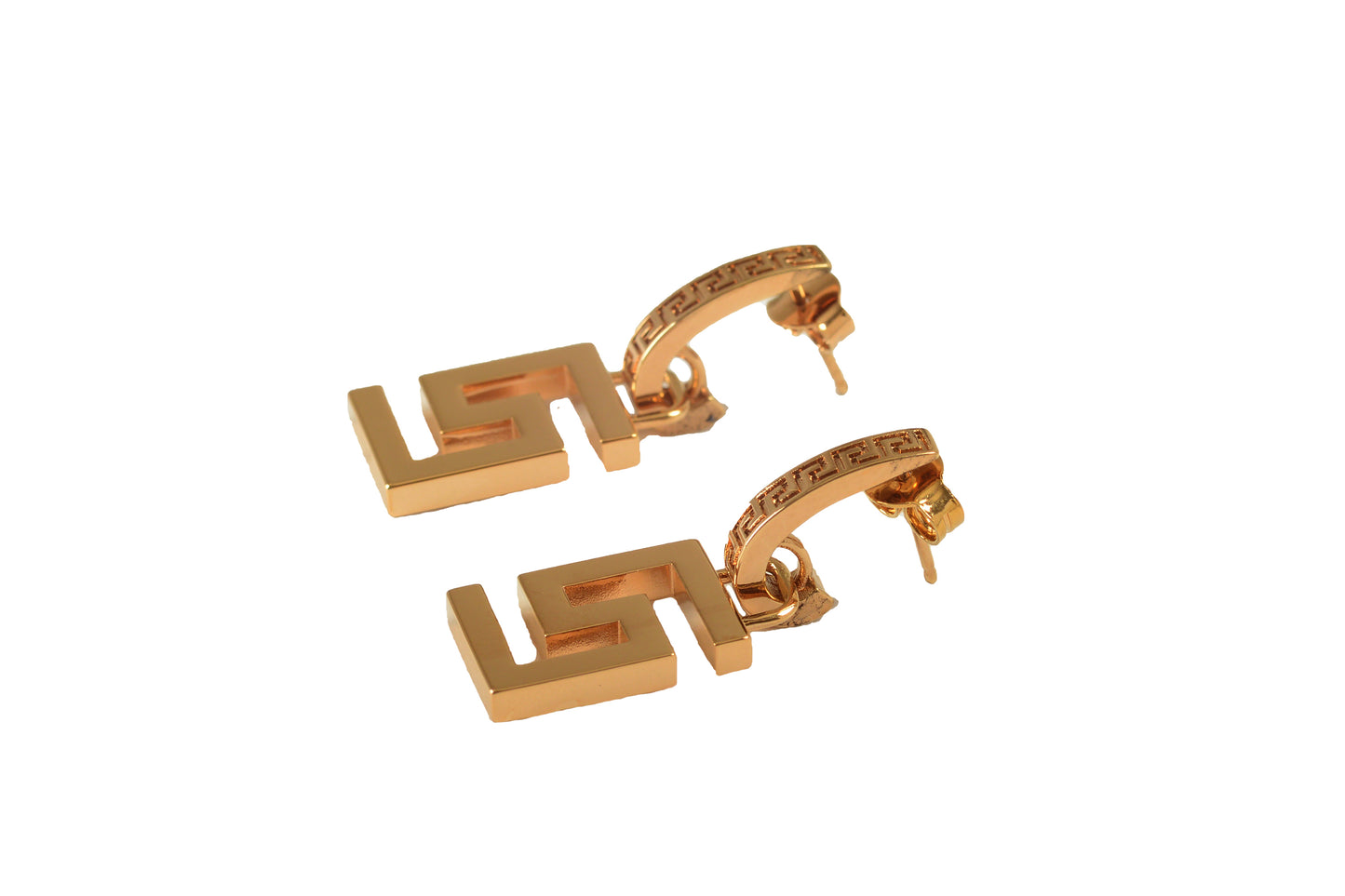 Versace Gold Color Metal Greeca Logo Stud Earrings
