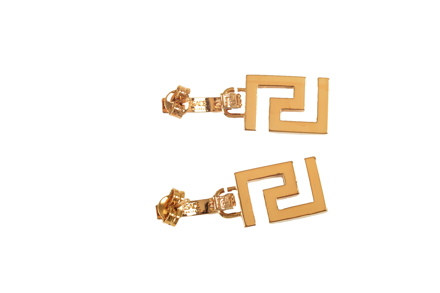 Versace Gold Color Metal Greeca Logo Stud Earrings