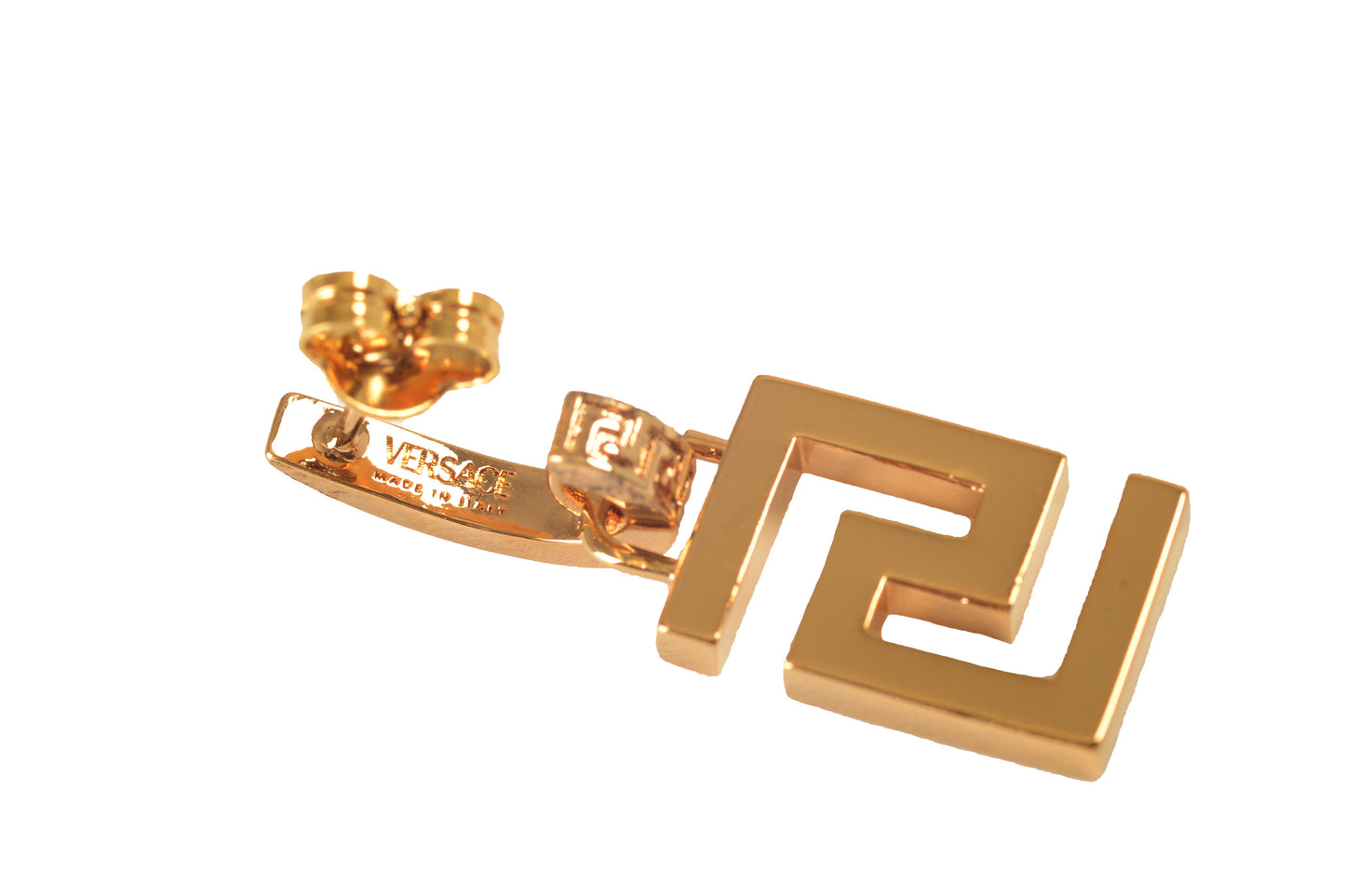 Versace Gold Color Metal Greeca Logo Stud Earrings