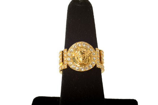 Versace Gold Color Metal Medusa Head Logo Strass Statement Ring Italy Sz 25