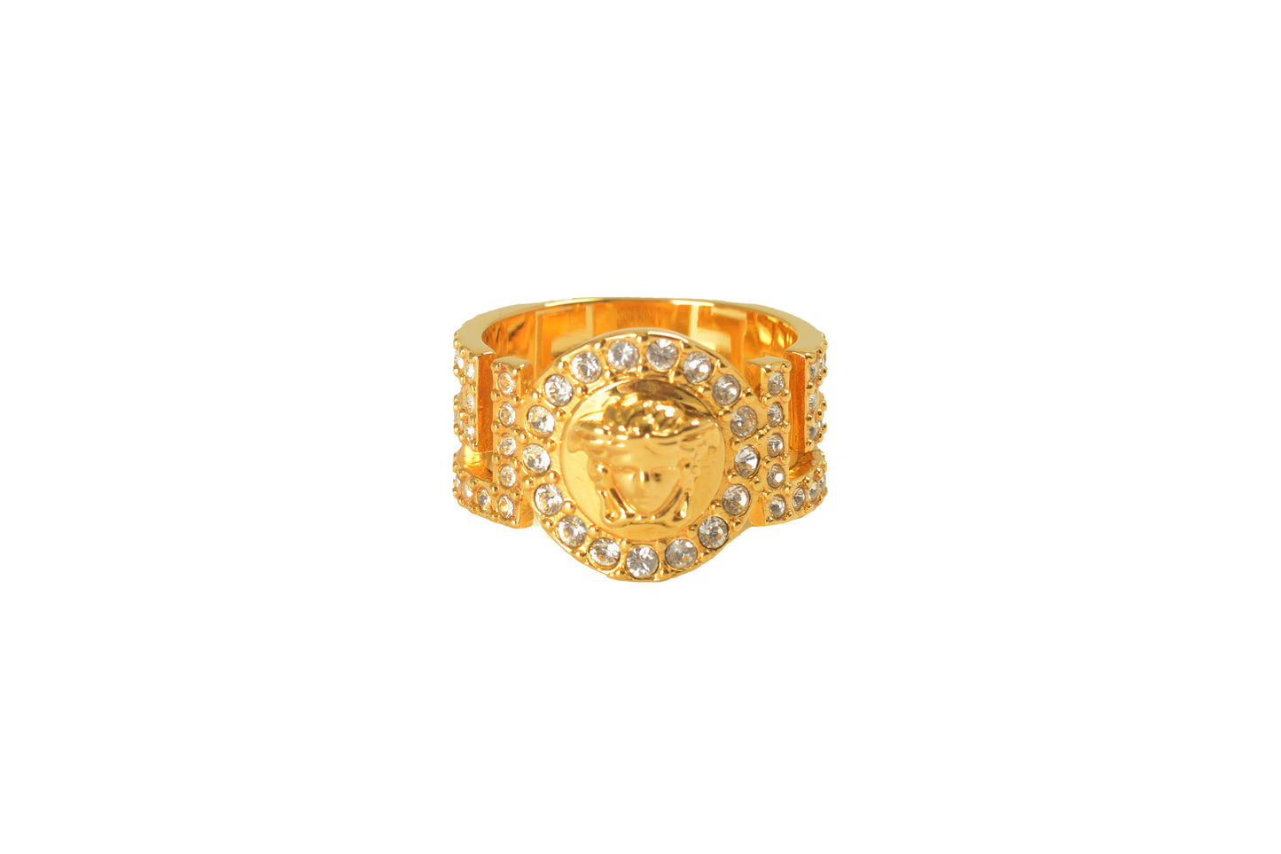 Versace Gold Color Metal Medusa Head Logo Strass Statement Ring Italy Sz 25