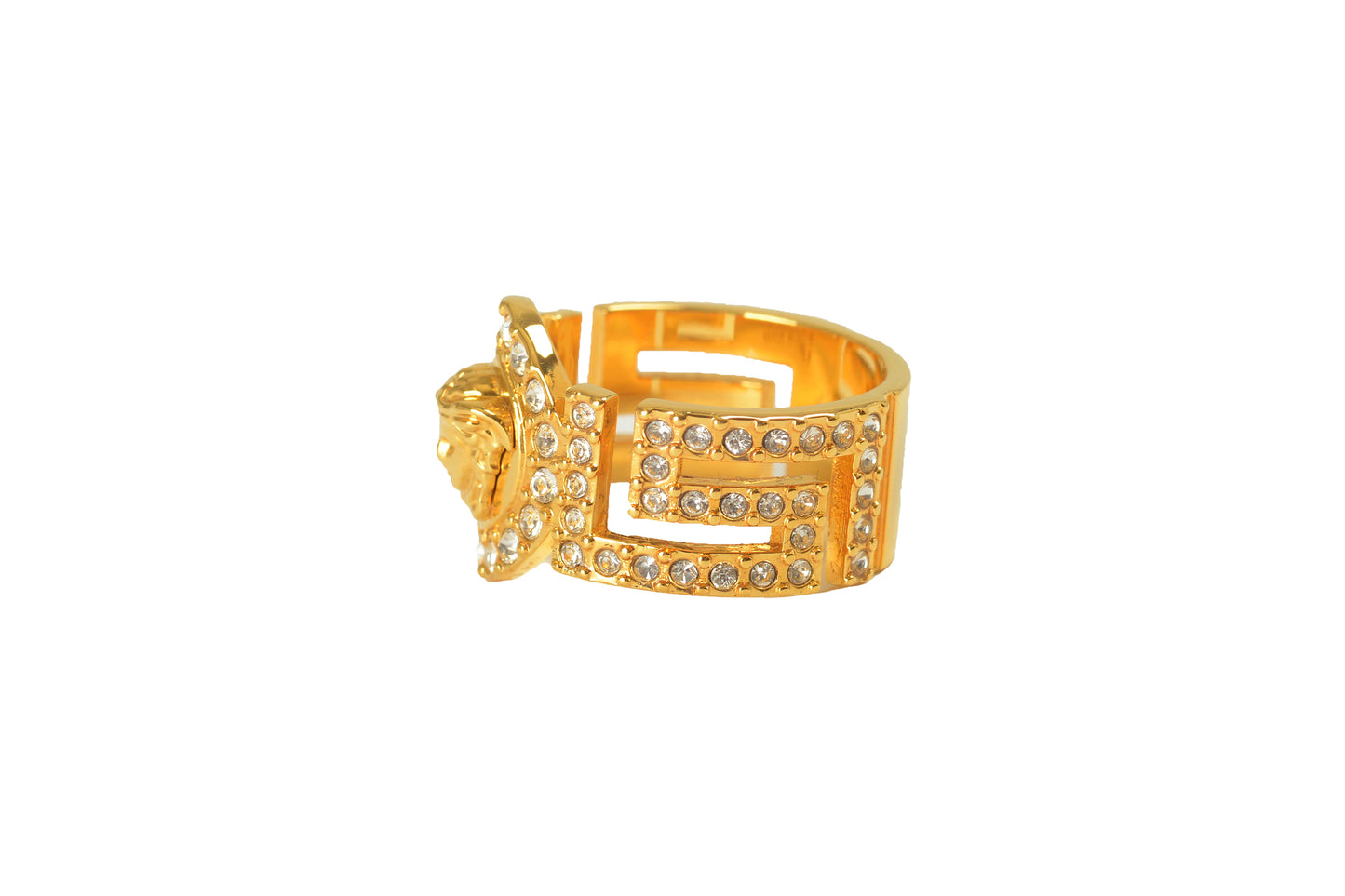 Versace Gold Color Metal Medusa Head Logo Strass Statement Ring Italy Sz 17