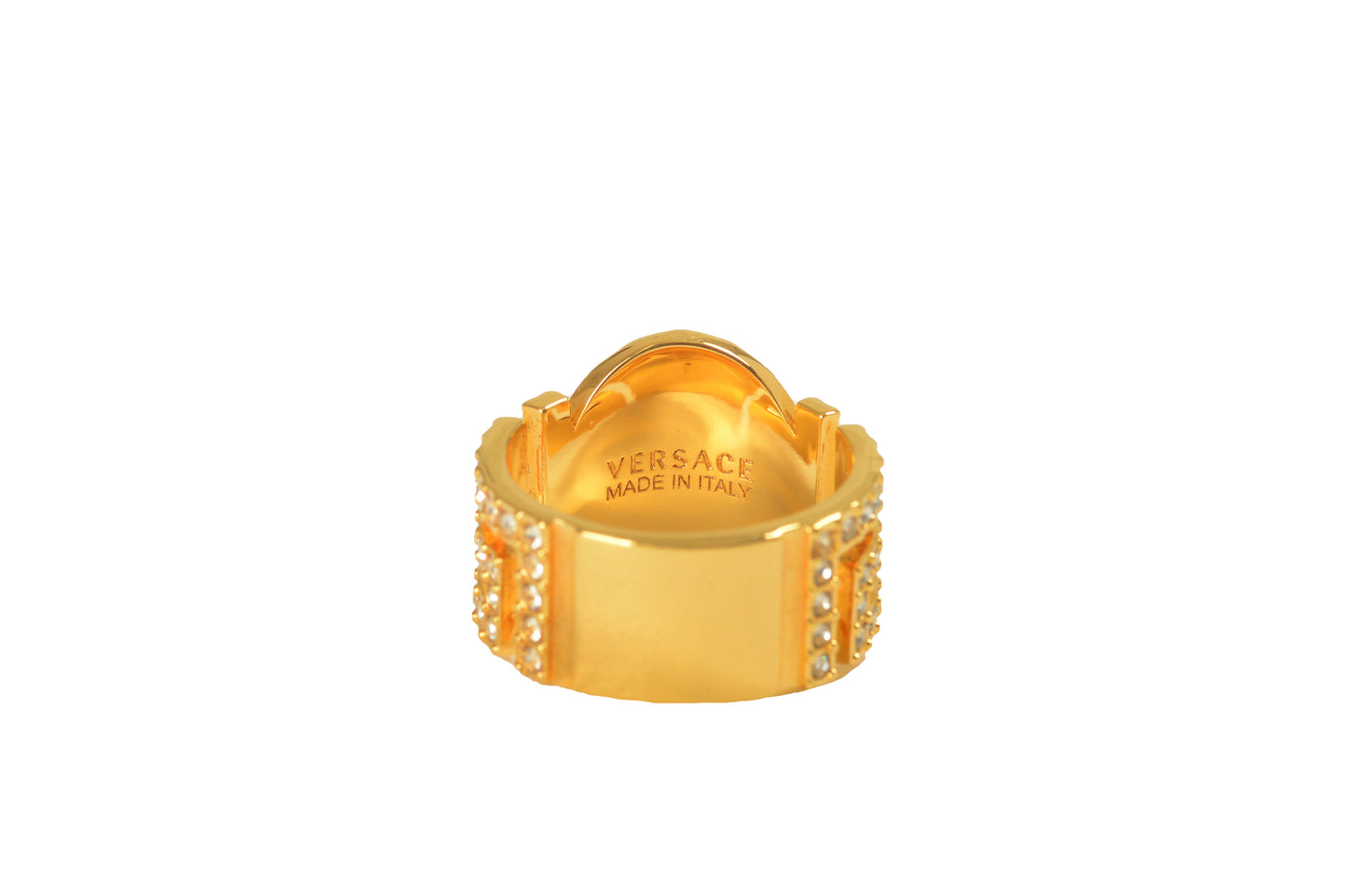 Versace Gold Color Metal Medusa Head Logo Strass Statement Ring Italy Sz 25
