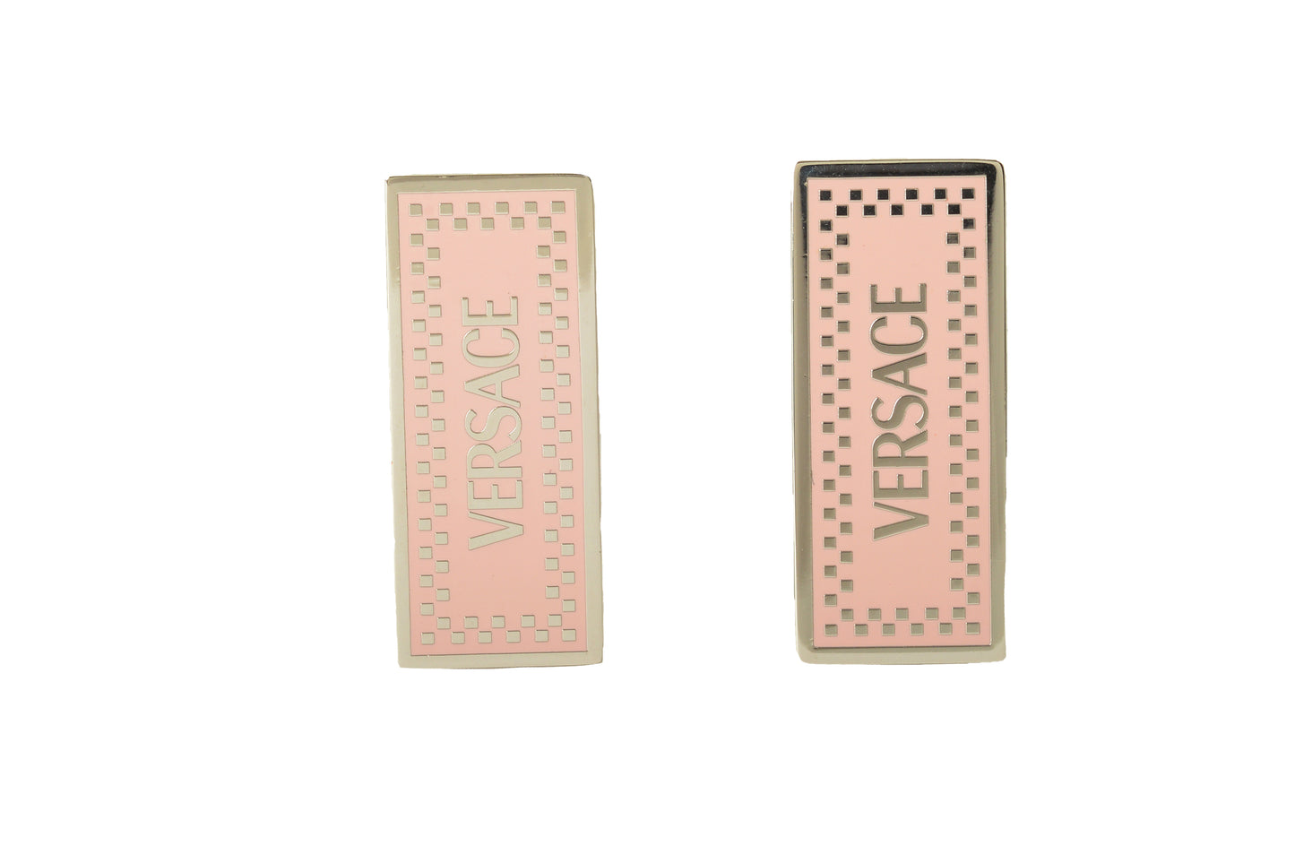 Versace Pink & Silver Color Metal Logo Print Stud Earrings