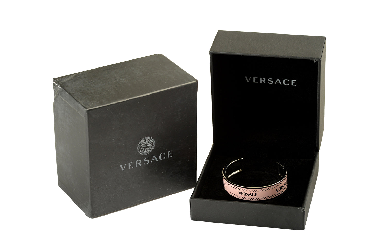 Versace Pink & Silver Color Metal Logo Print Cuff Bracelet