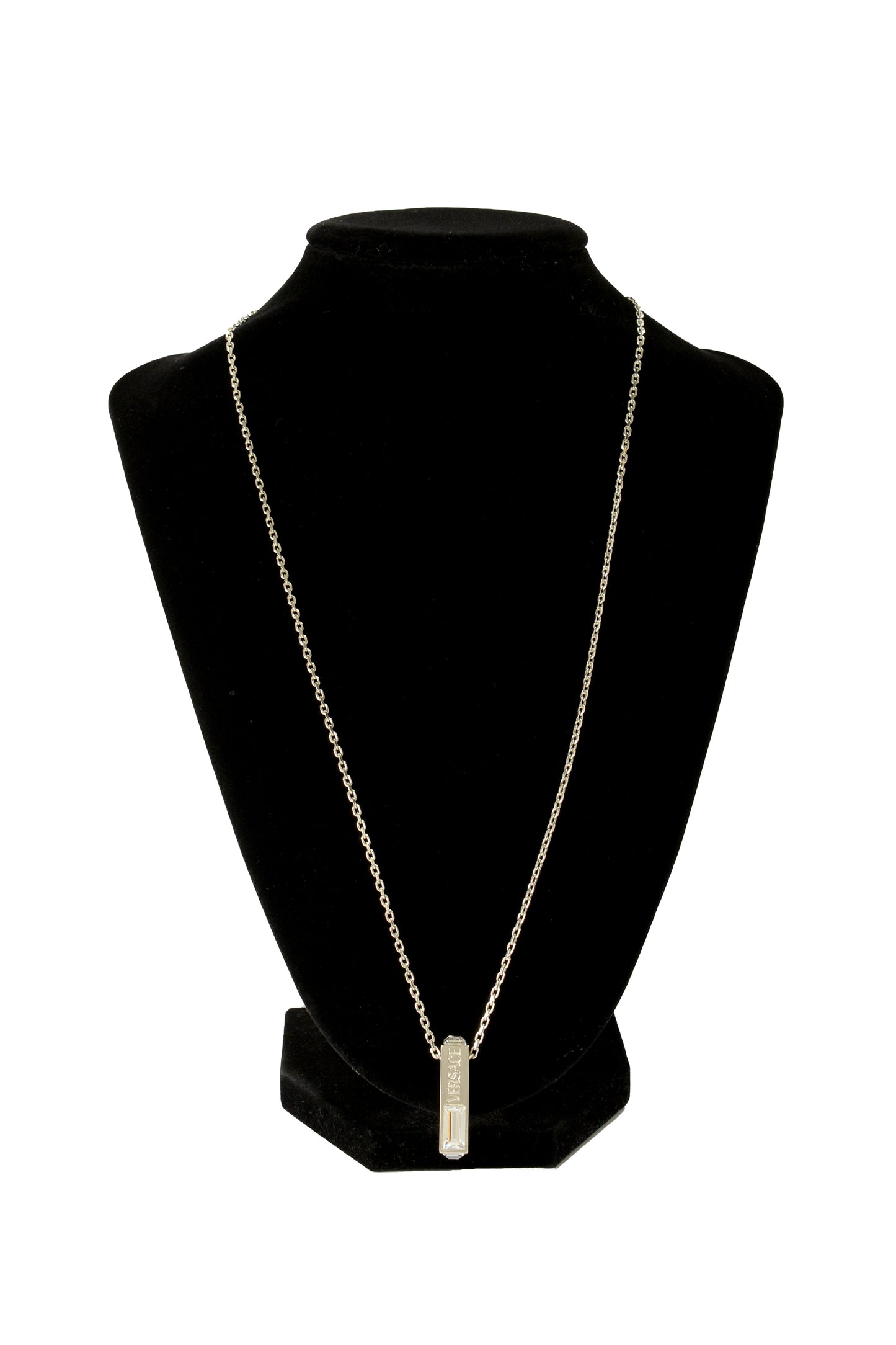 Versace Silver Color Metal & Strass Logo Engraved Pendant Necklace