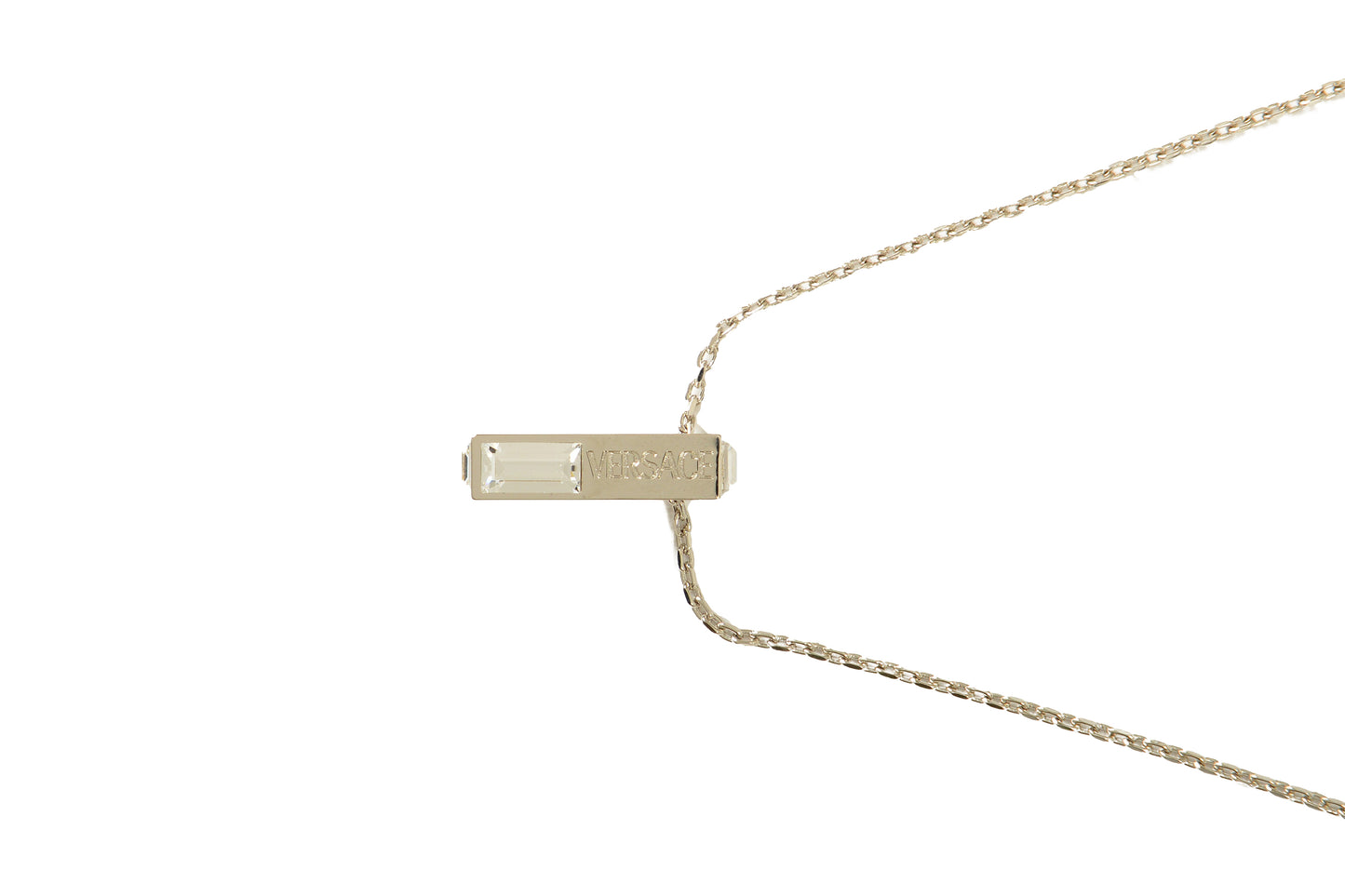 Versace Silver Color Metal & Strass Logo Engraved Pendant Necklace