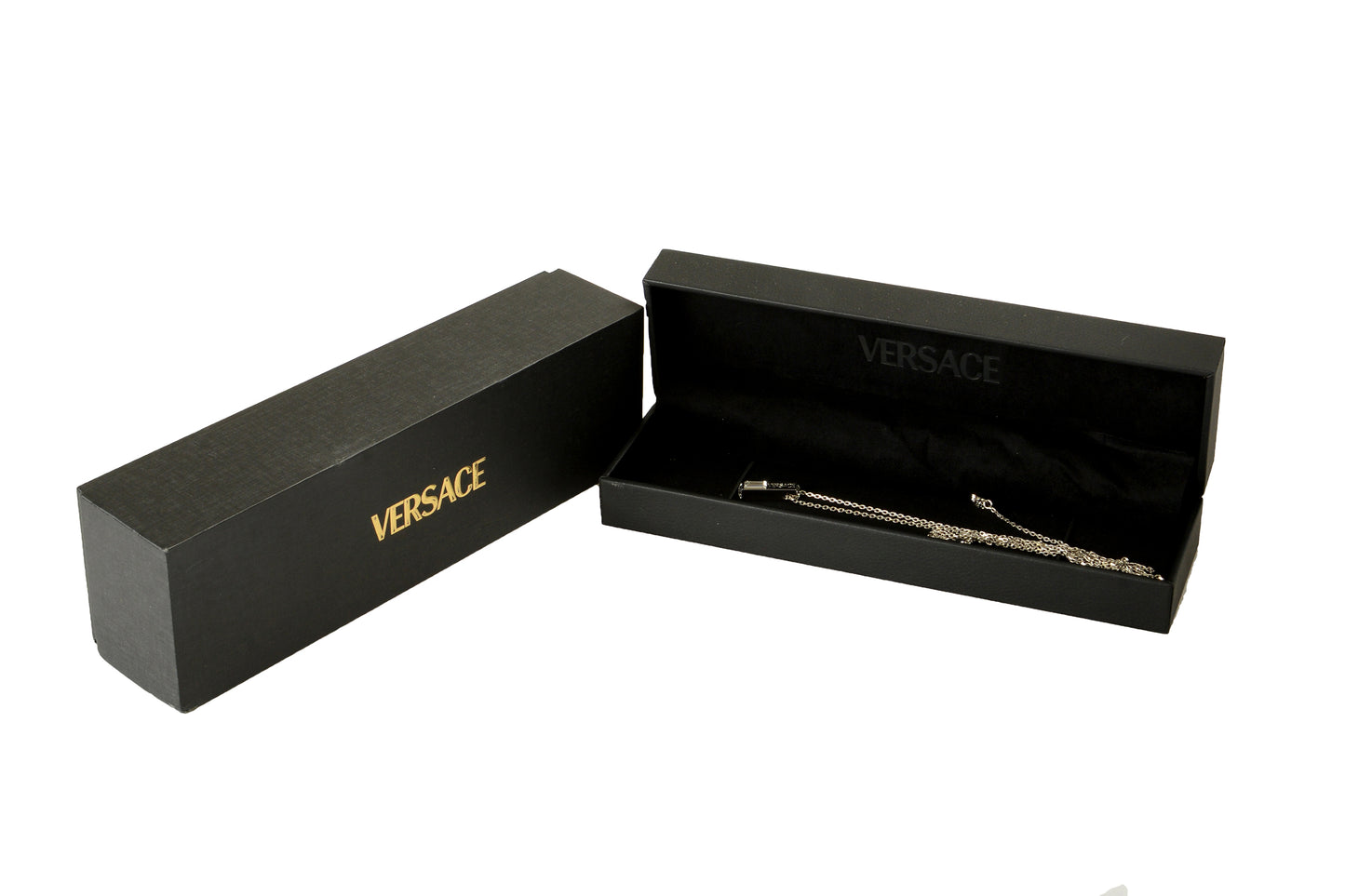 Versace Silver Color Metal & Strass Logo Engraved Pendant Necklace