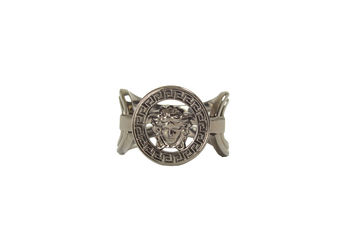 Versace Metal Gun Color Metal Medusa Head Logo Statement Ring Italy Sz 15
