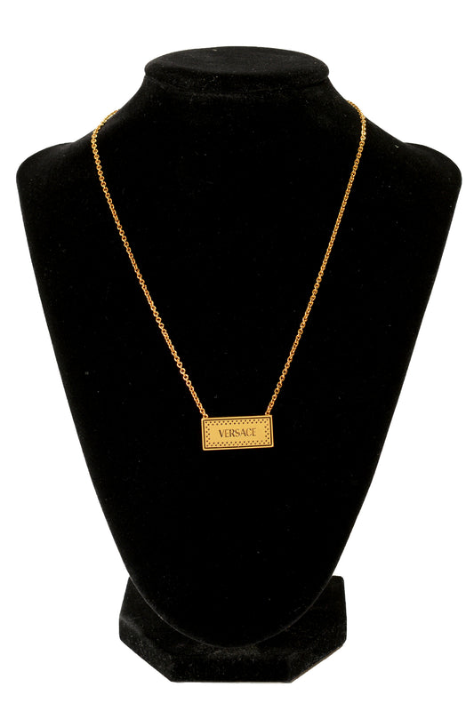Versace Gold Color Metal Logo Engraved Necklace