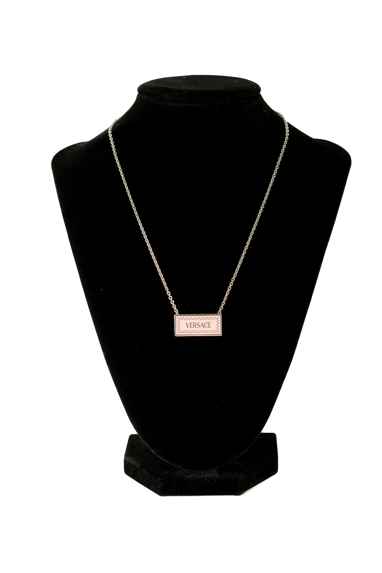 Versace Silver Color Metal Logo Print On Pink Enamel Pendant Necklace