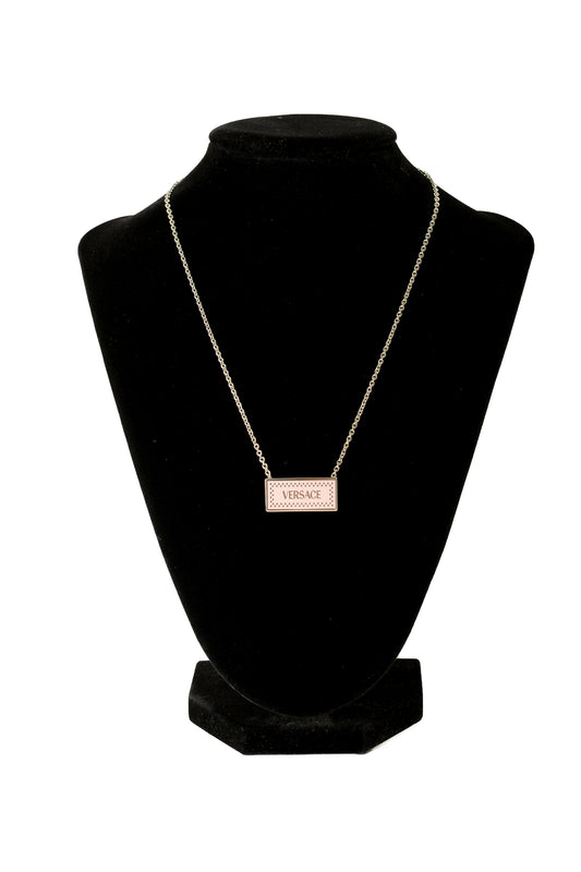 Versace Silver Color Metal Logo Print On Pink Enamel Pendant Necklace