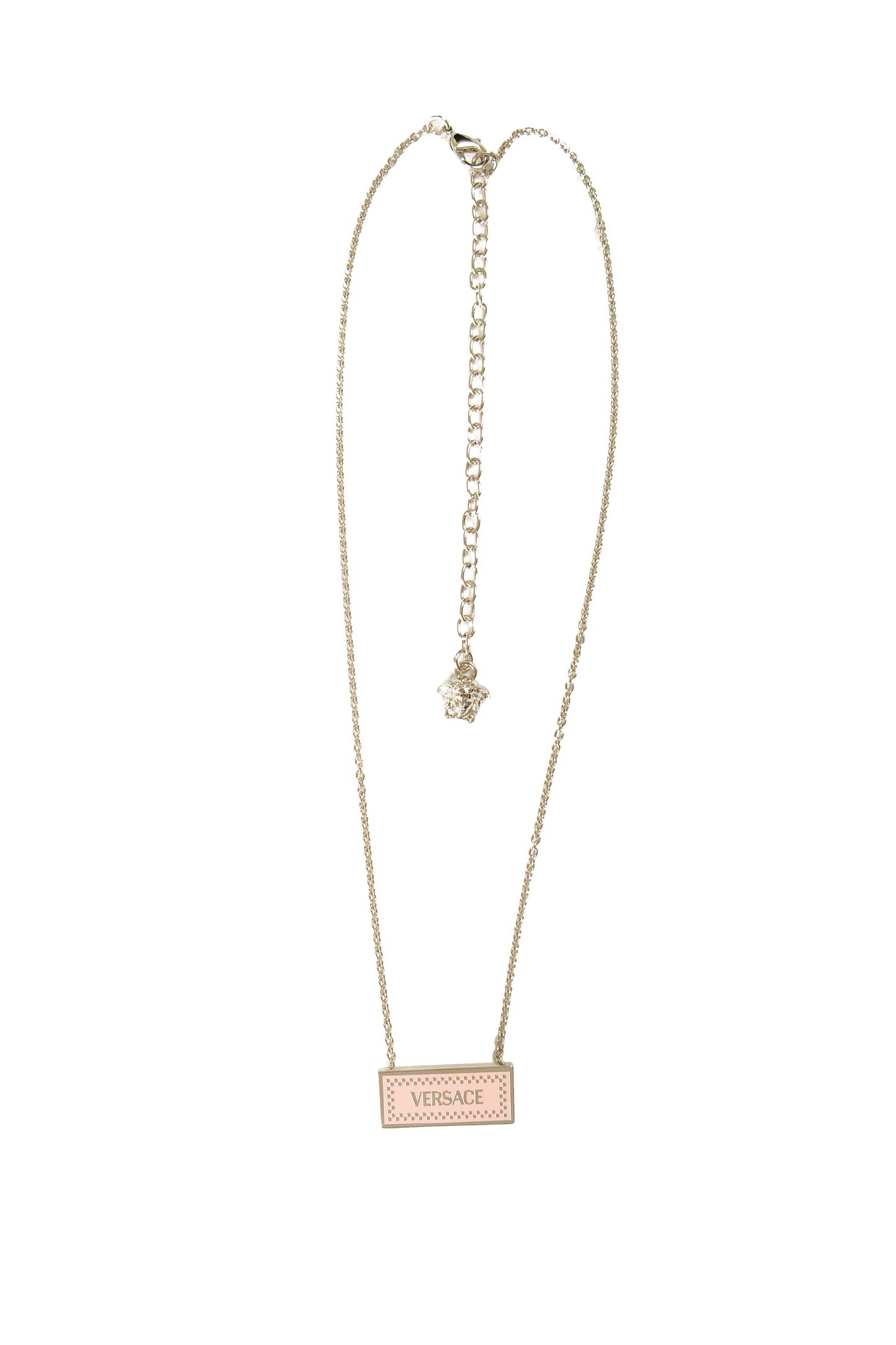 Versace Silver Color Metal Logo Print On Pink Enamel Pendant Necklace