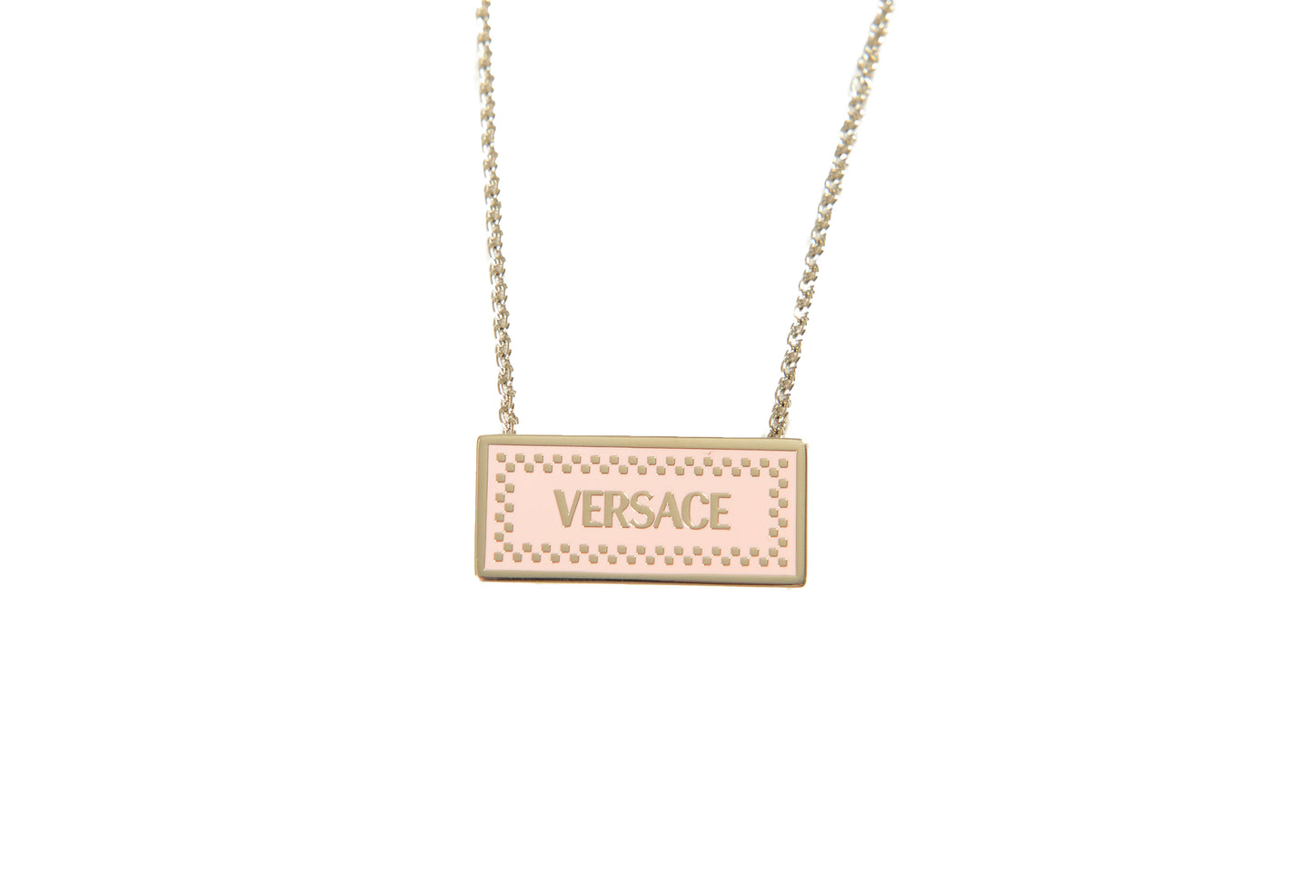 Versace Silver Color Metal Logo Print On Pink Enamel Pendant Necklace