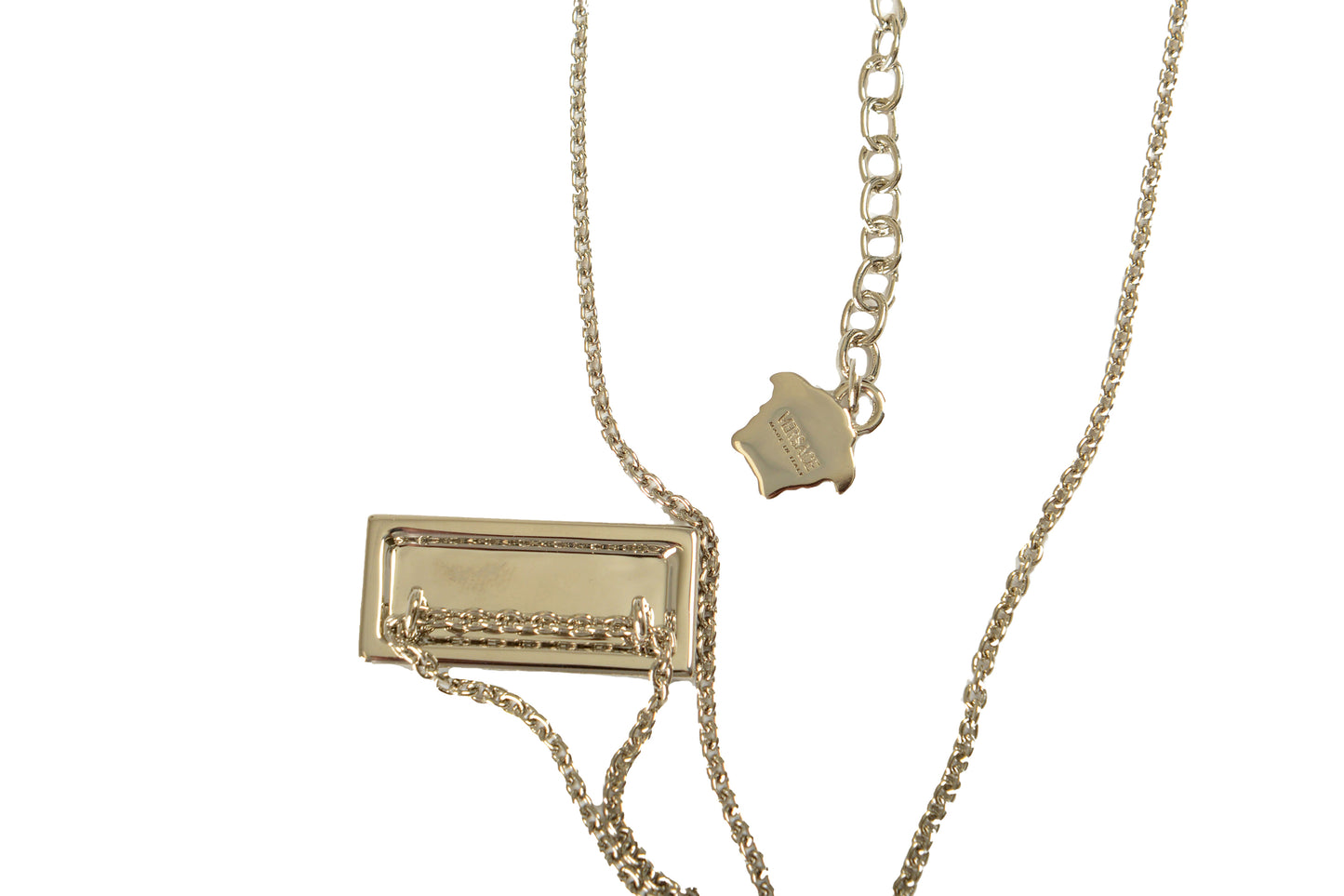 Versace Silver Color Metal Logo Print On Pink Enamel Pendant Necklace