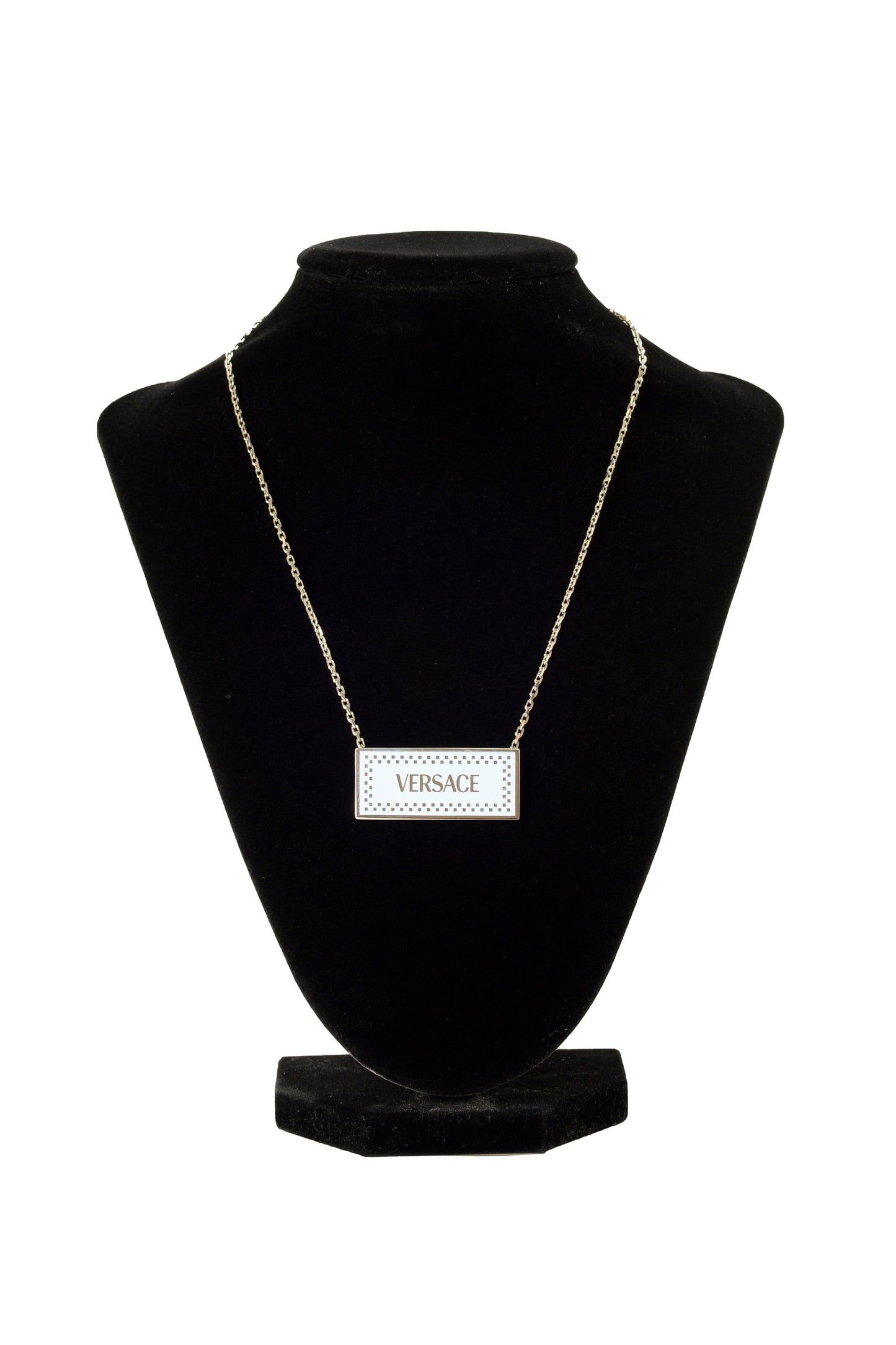 Versace Silver Color Metal Logo Print On Blue Enamel Pendant Necklace
