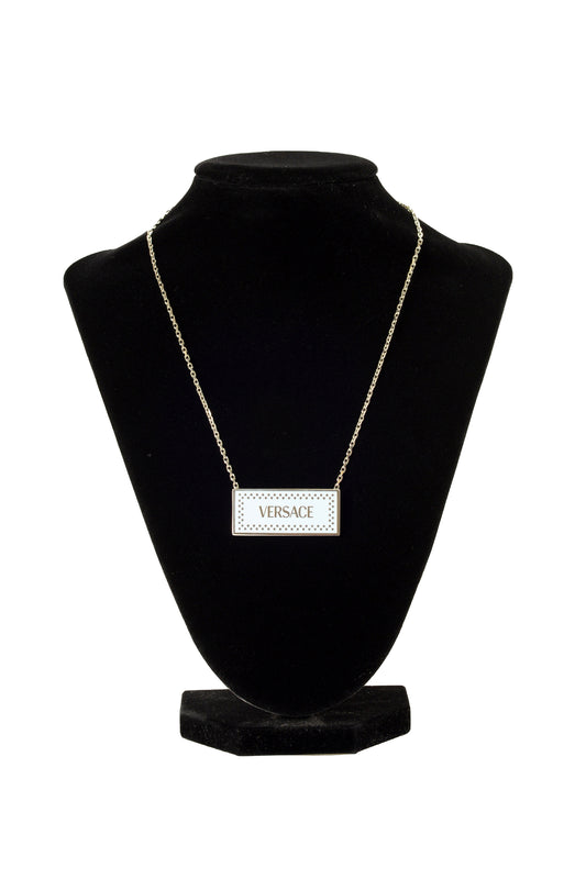 Versace Silver Color Metal Logo Print On Blue Enamel Pendant Necklace