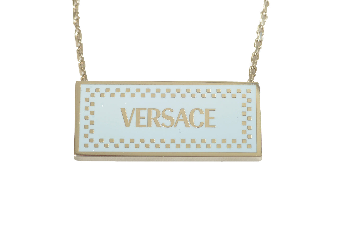 Versace Silver Color Metal Logo Print On Blue Enamel Pendant Necklace