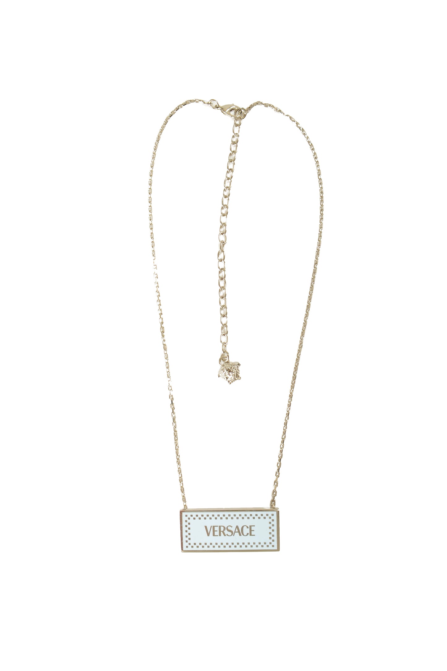 Versace Silver Color Metal Logo Print On Blue Enamel Pendant Necklace