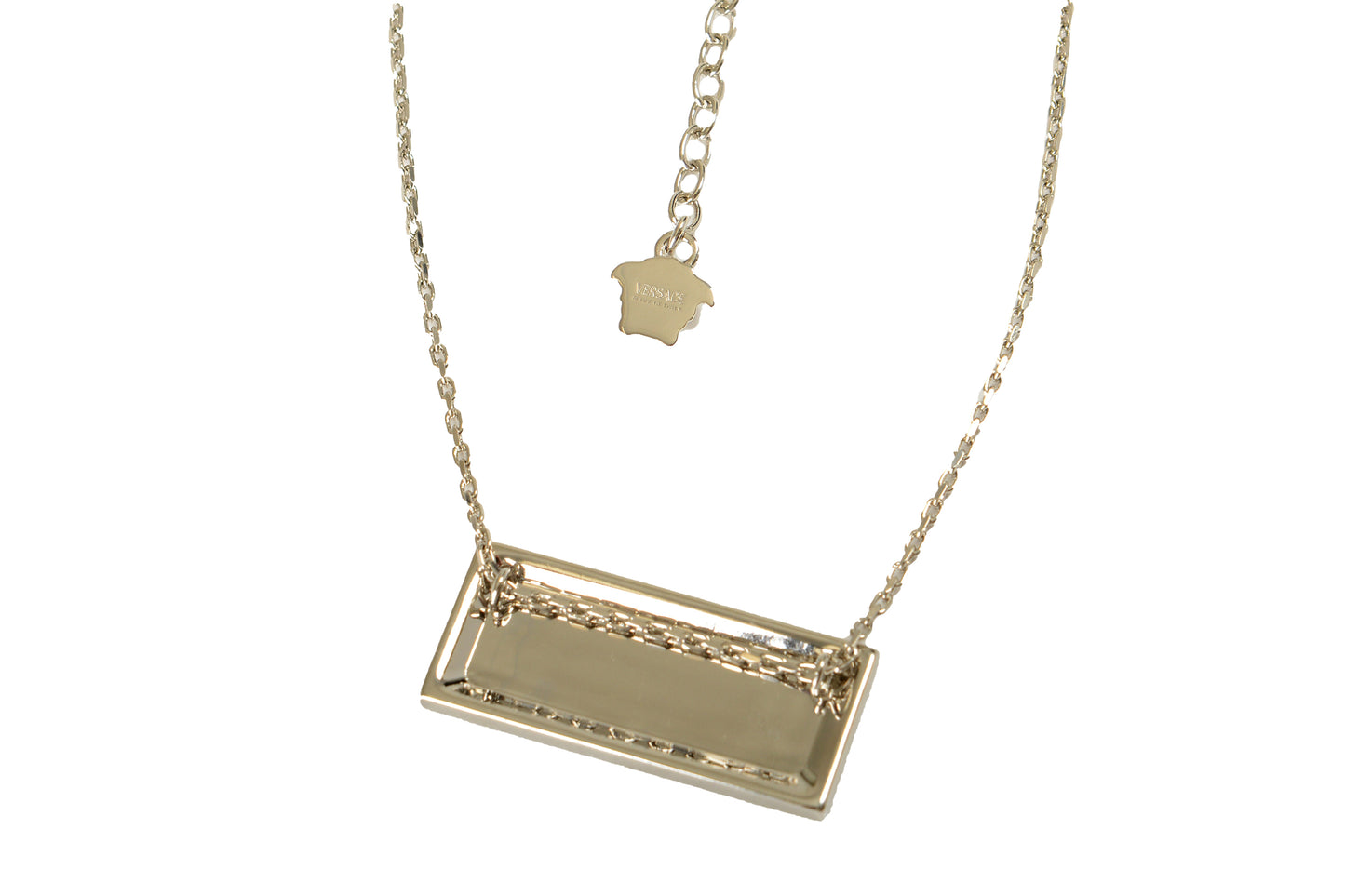 Versace Silver Color Metal Logo Print On Blue Enamel Pendant Necklace