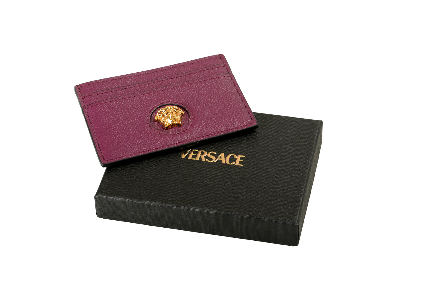 Versace Deep Purple 100% Leather Gold Medusa Card Case Holder