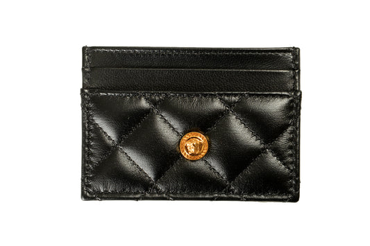 Versace Black 100% Quilted Leather Gold Medusa Card Case Holder