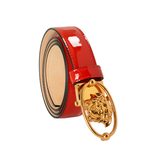 Versace Red 100% Patent Leather Gold Medusa Head Decorated Belt US 36 IT 90