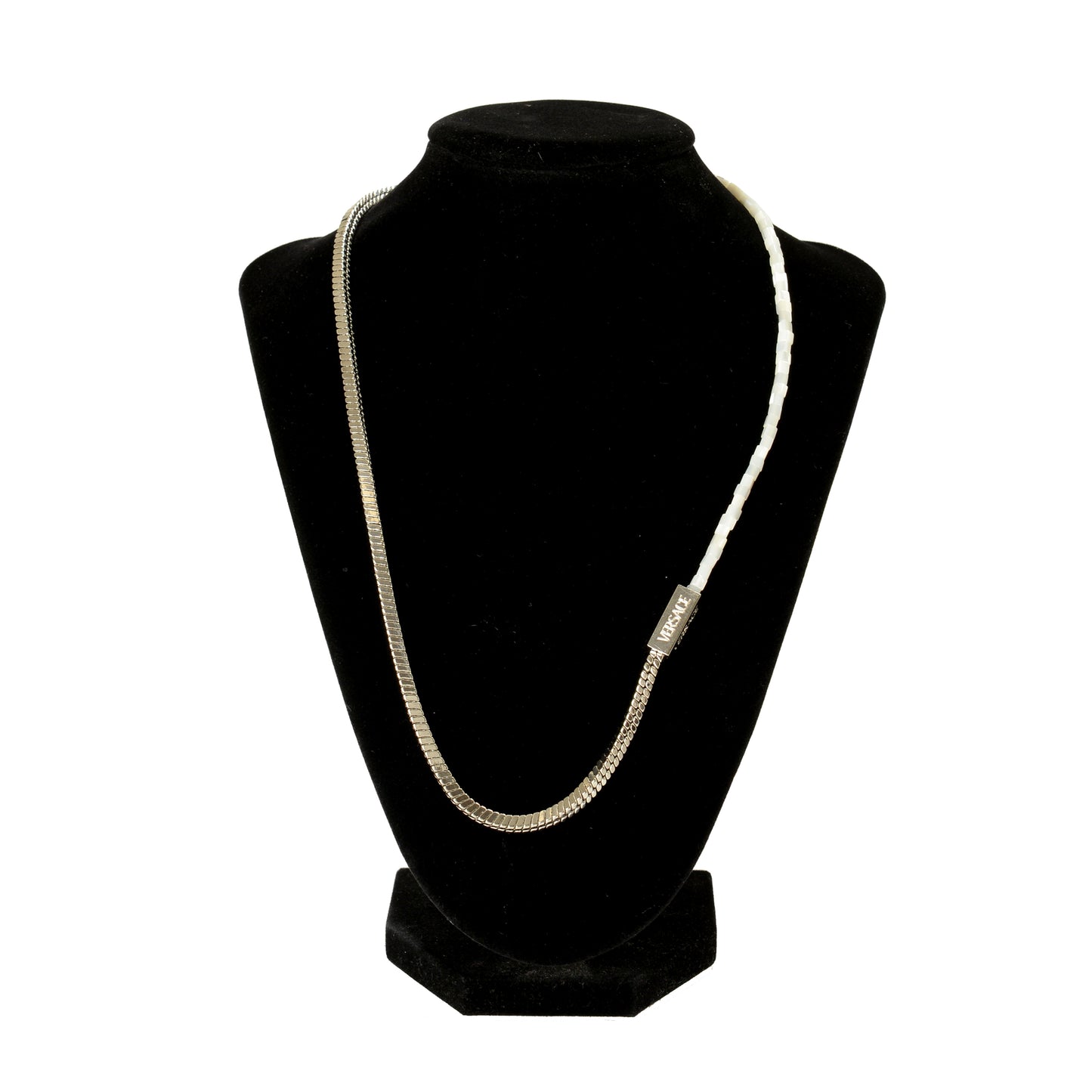 Versace Silver Color Metal & Mother Of Pearl Beads Logo Engraved Necklace