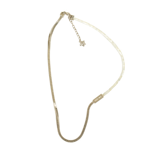 Versace Silver Color Metal & Mother Of Pearl Beads Logo Engraved Necklace