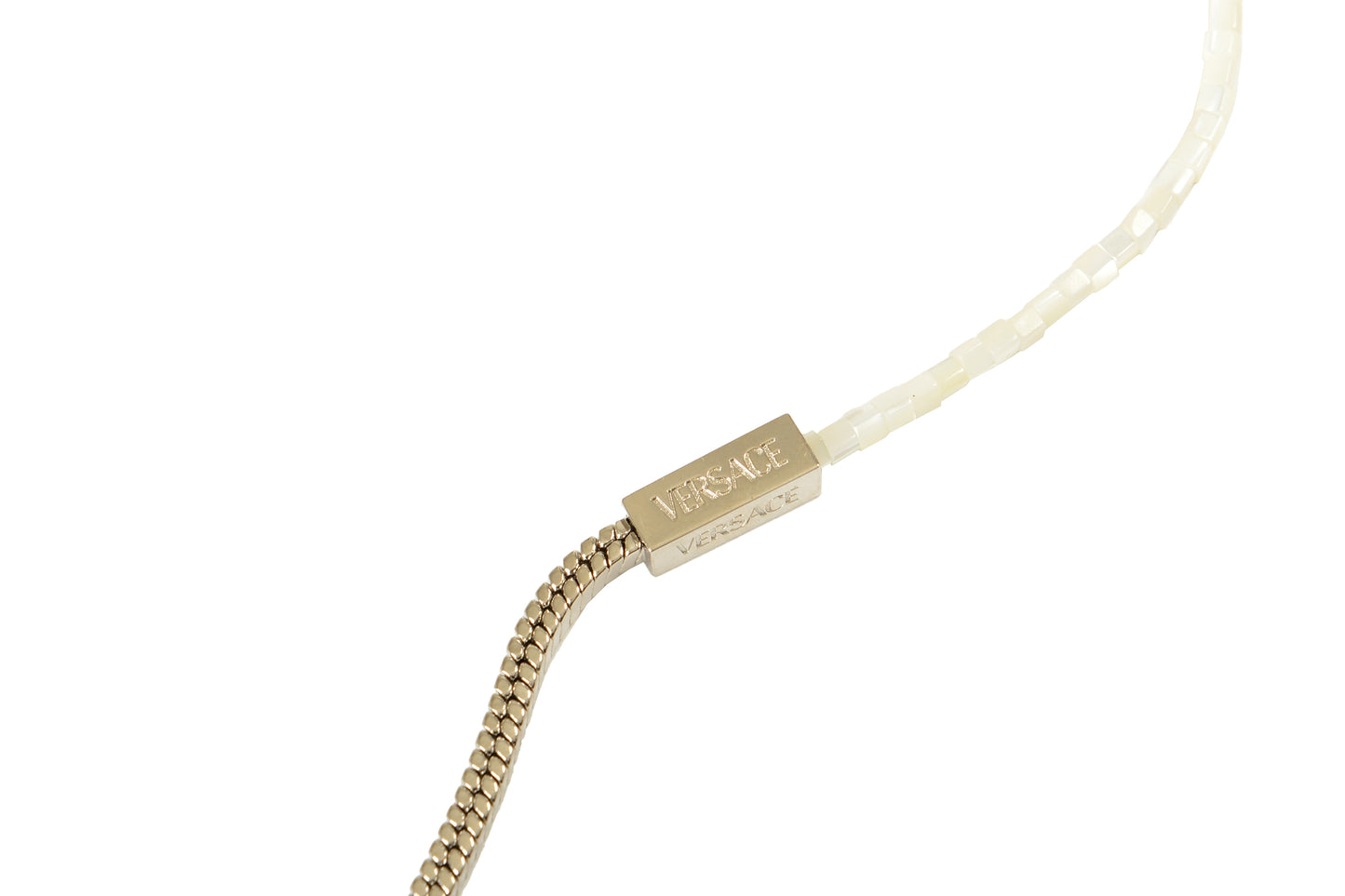 Versace Silver Color Metal & Mother Of Pearl Beads Logo Engraved Necklace
