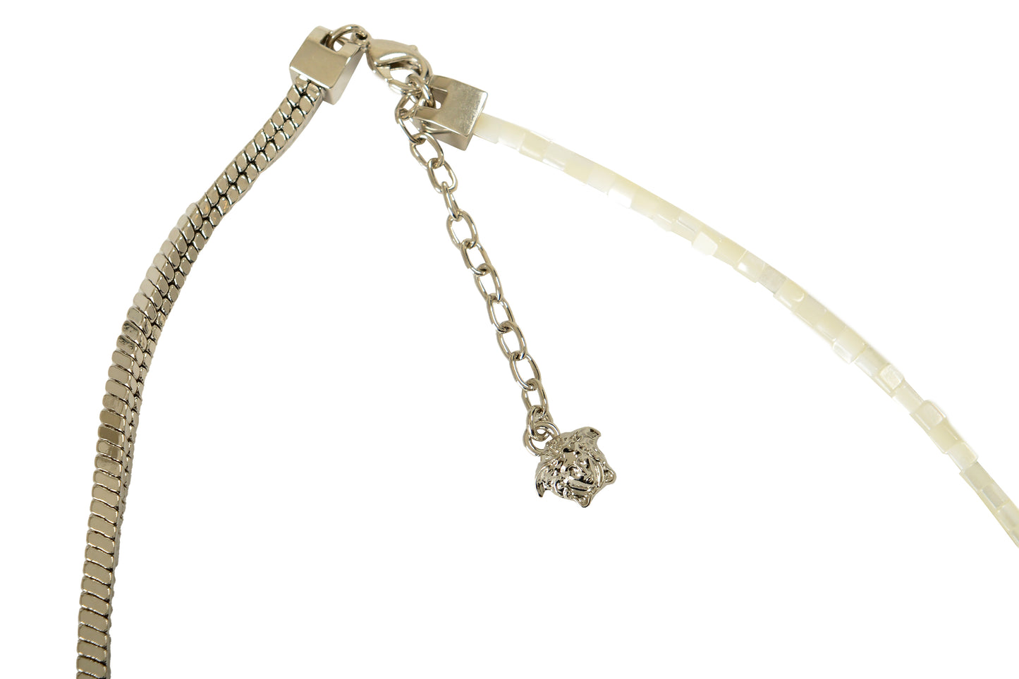 Versace Silver Color Metal & Mother Of Pearl Beads Logo Engraved Necklace