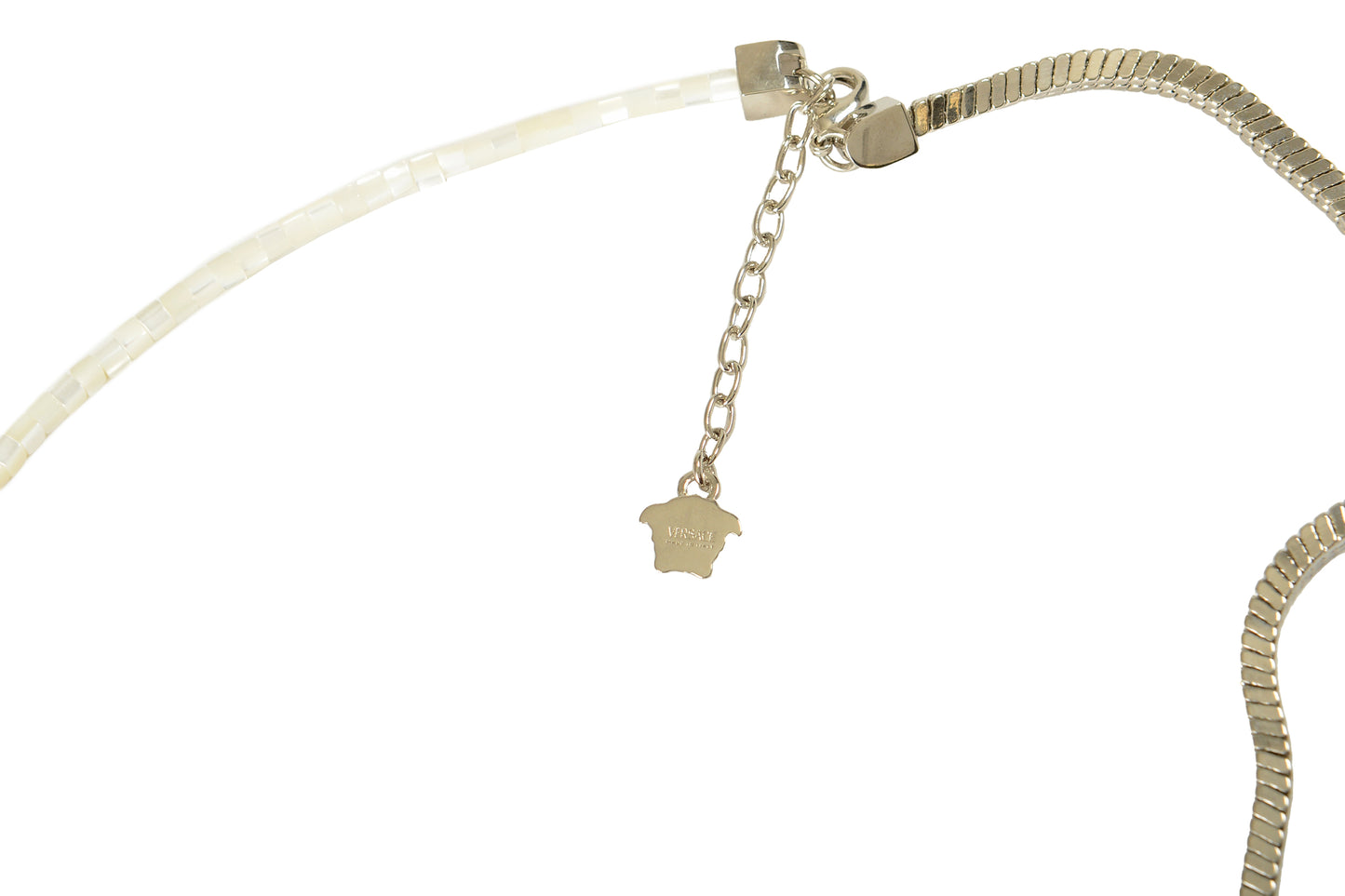Versace Silver Color Metal & Mother Of Pearl Beads Logo Engraved Necklace
