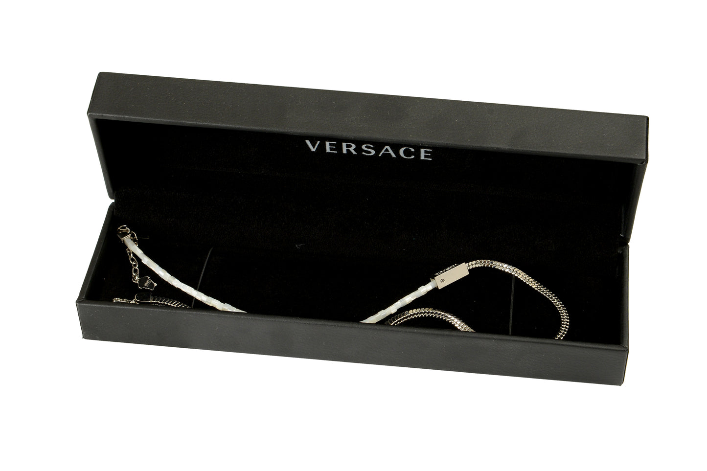 Versace Silver Color Metal & Mother Of Pearl Beads Logo Engraved Necklace