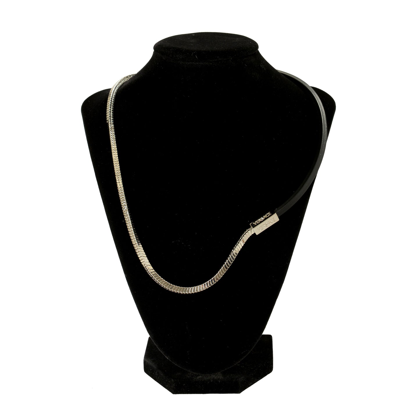 Versace Silver Color Metal & Black Leather Strap Logo Engraved Necklace