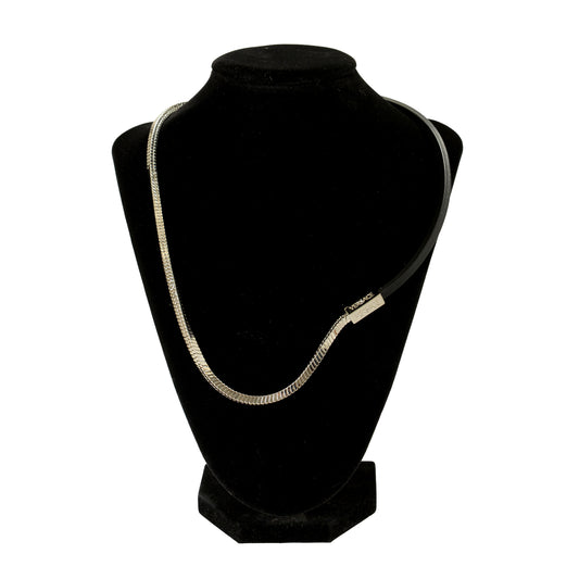 Versace Silver Color Metal & Black Leather Strap Logo Engraved Necklace