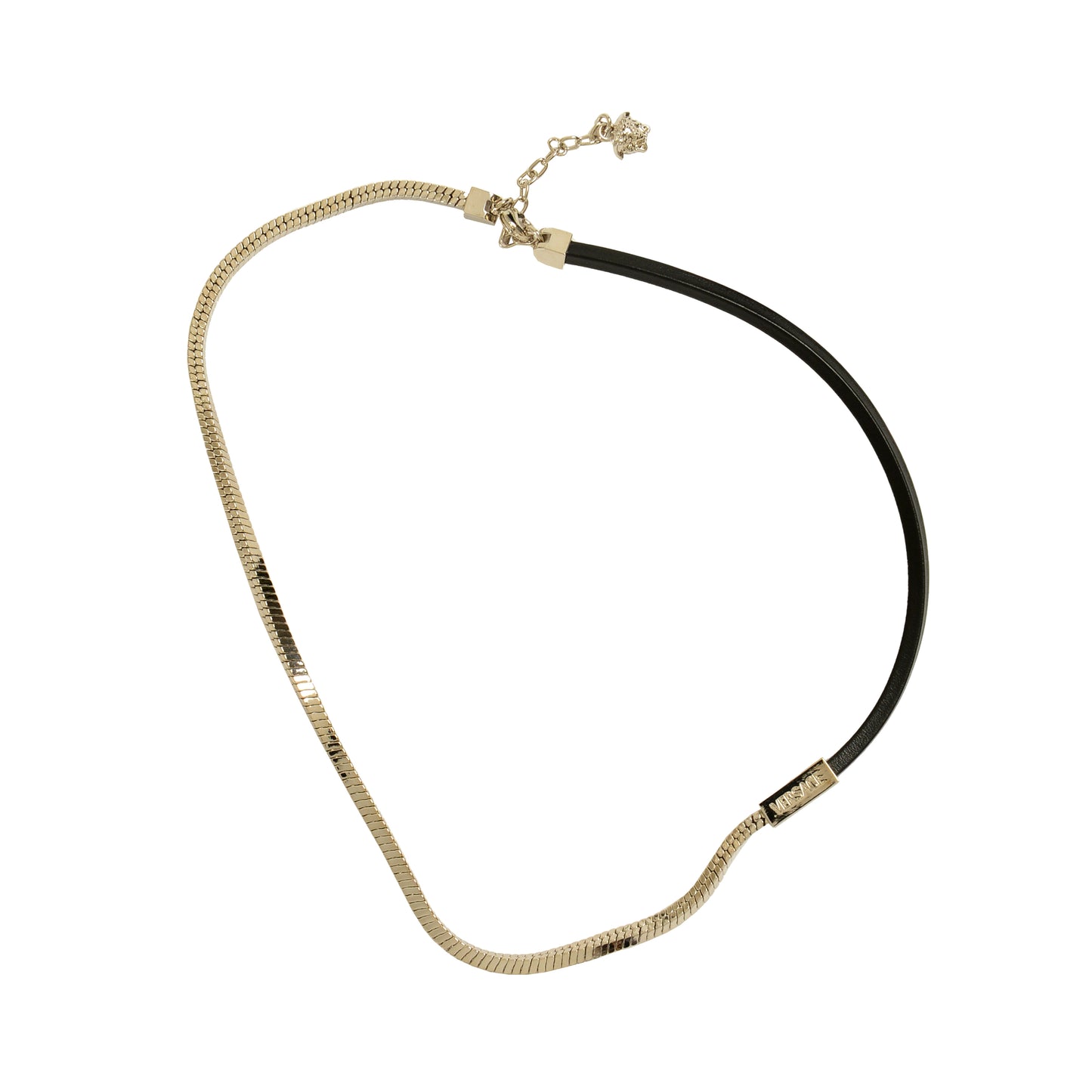 Versace Silver Color Metal & Black Leather Strap Logo Engraved Necklace