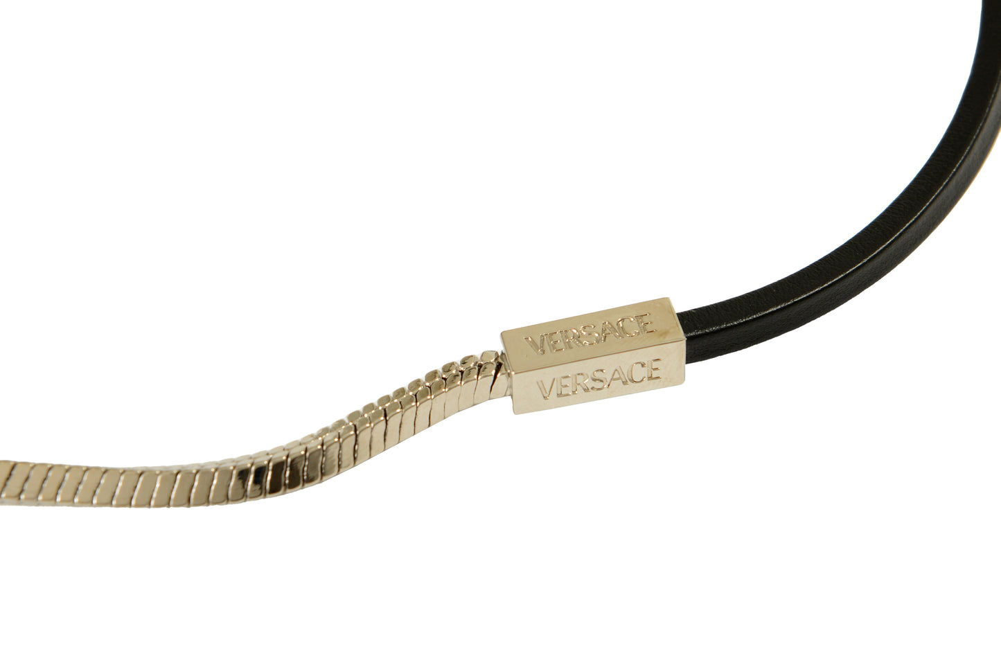 Versace Silver Color Metal & Black Leather Strap Logo Engraved Necklace