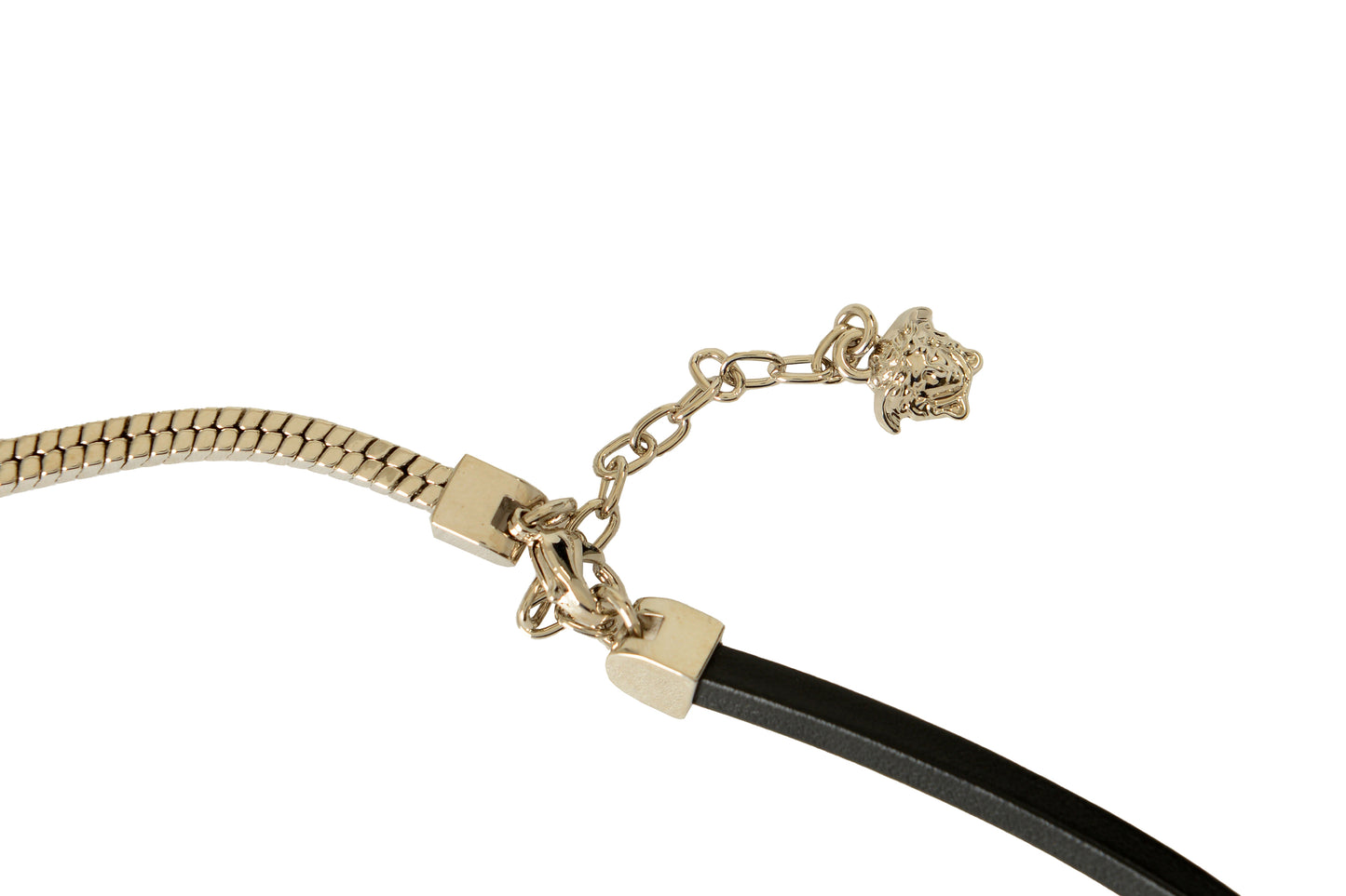 Versace Silver Color Metal & Black Leather Strap Logo Engraved Necklace