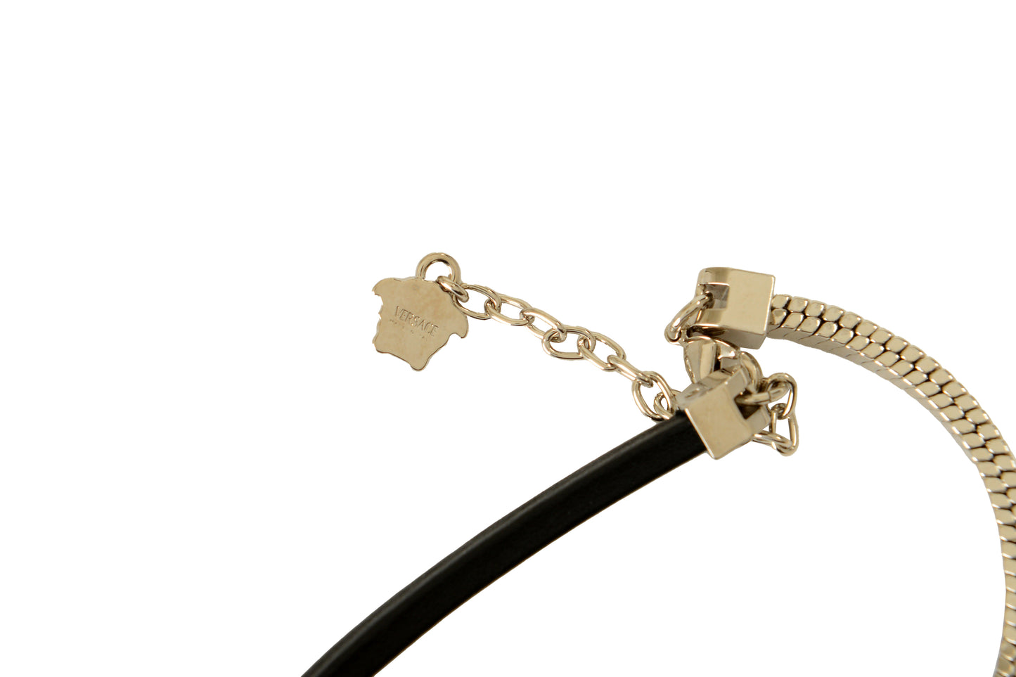 Versace Silver Color Metal & Black Leather Strap Logo Engraved Necklace