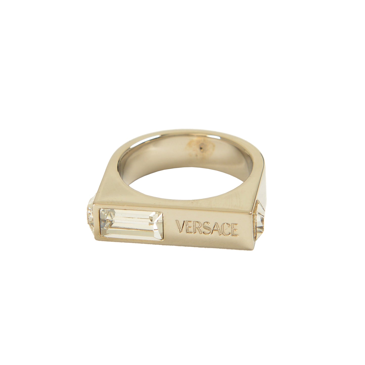Versace Silver Color Metal & Strass Logo Engraved Statement Ring Italy Sz 23