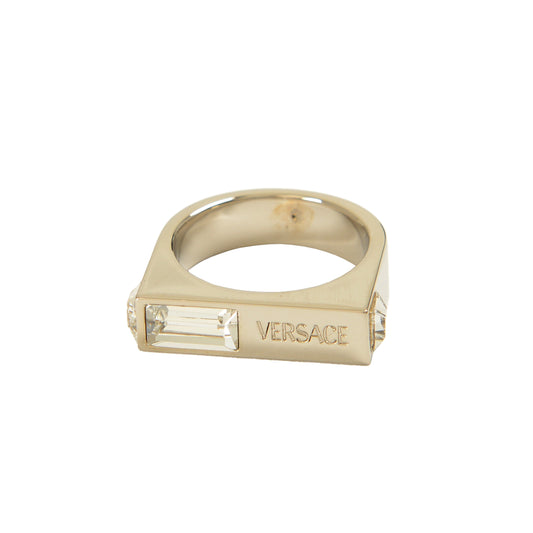 Versace Silver Color Metal & Strass Logo Engraved Statement Ring Italy Sz 23