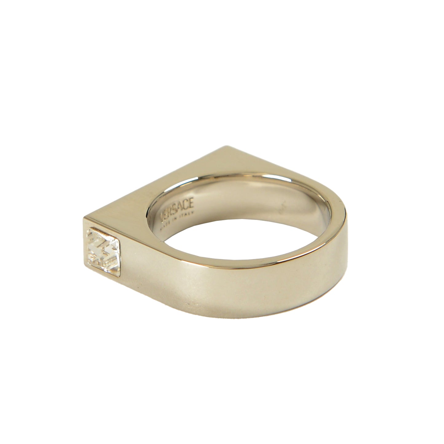 Versace Silver Color Metal & Strass Logo Engraved Statement Ring Italy Sz 23