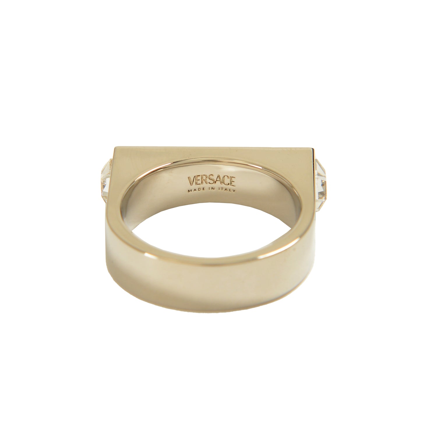 Versace Silver Color Metal & Strass Logo Engraved Statement Ring Italy Sz 23
