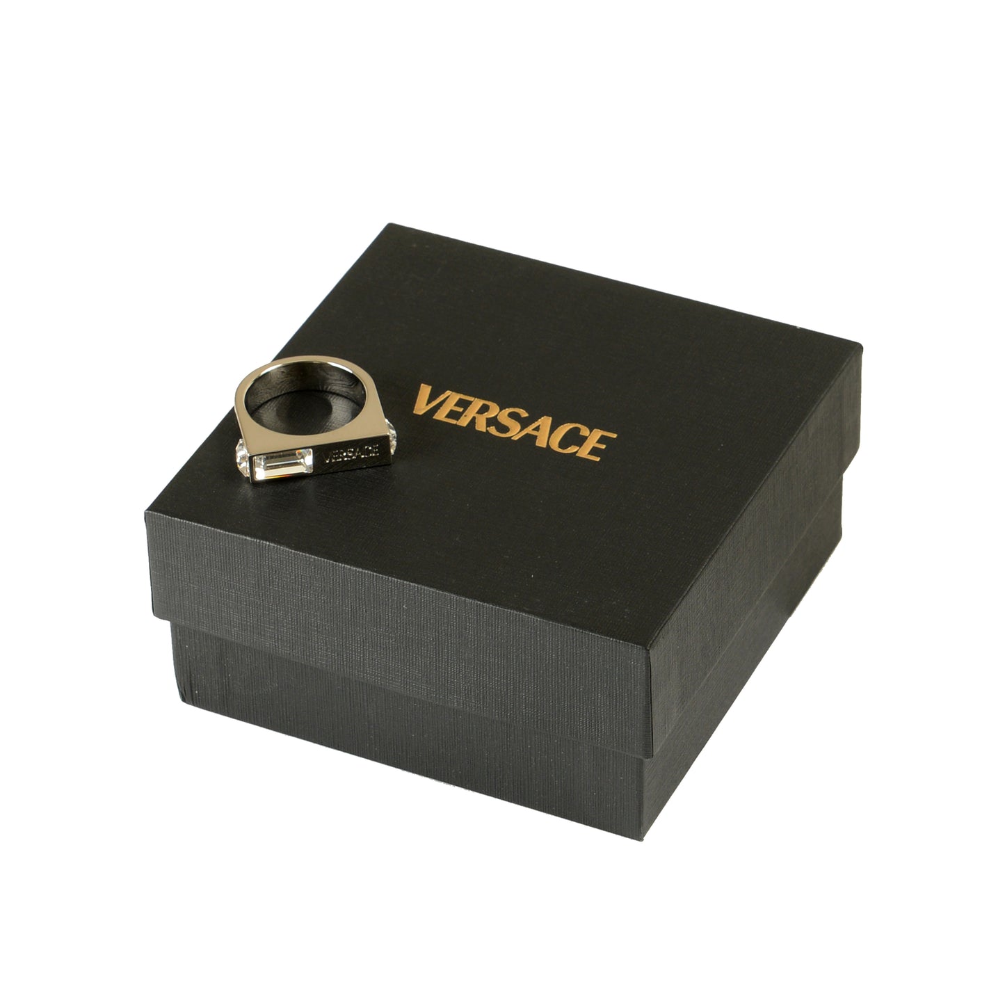Versace Silver Color Metal & Strass Logo Engraved Statement Ring Italy Sz 23