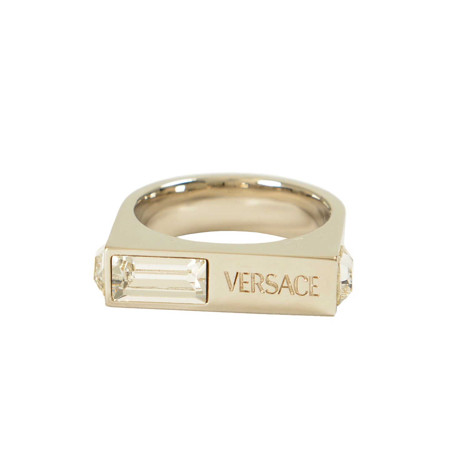 Versace Silver Color Metal & Strass Logo Engraved Statement Ring Italy Sz 23