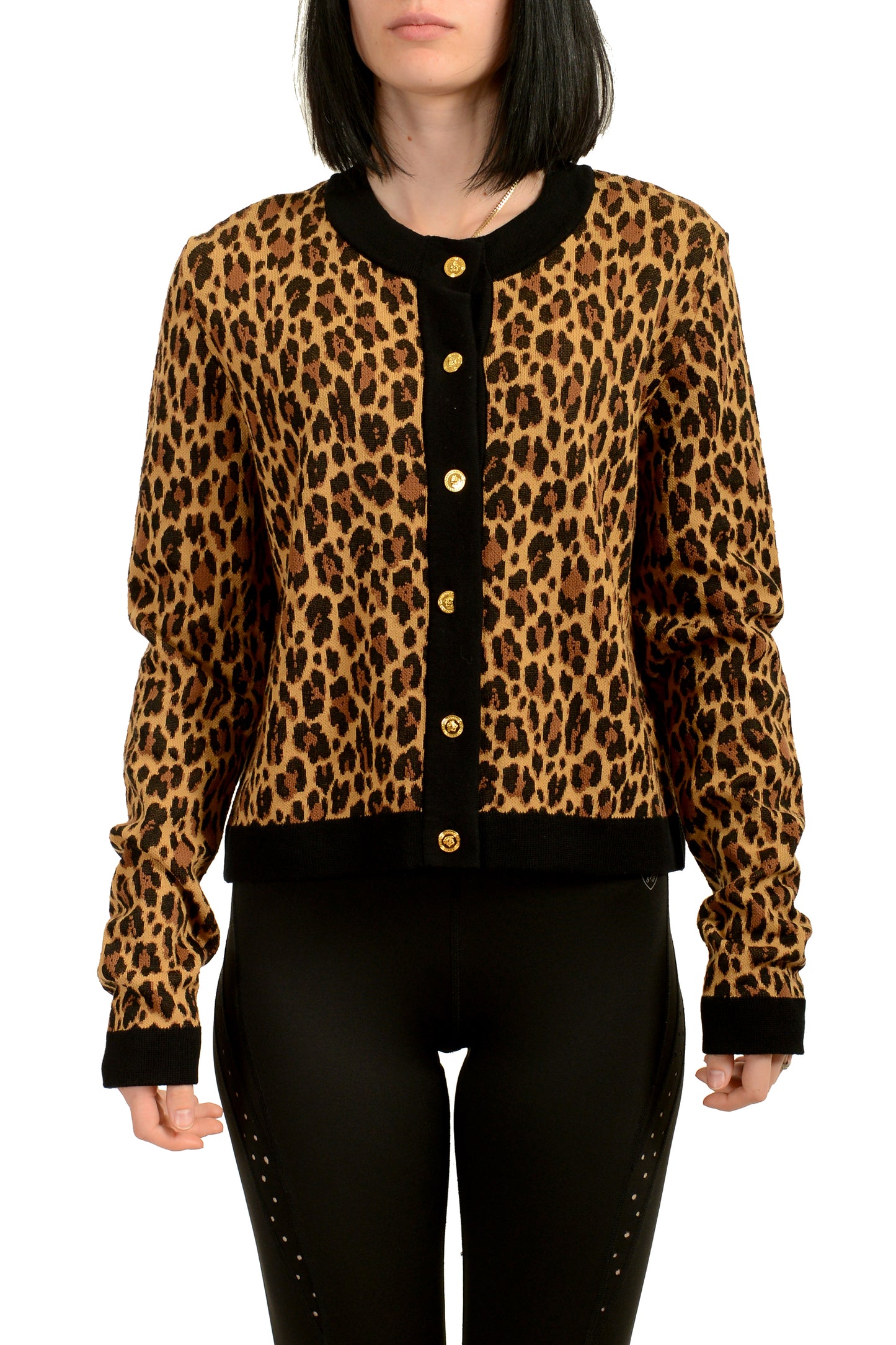 Versace Women's Leopard Jacquard Knit Cardigan Sweater US M IT 42