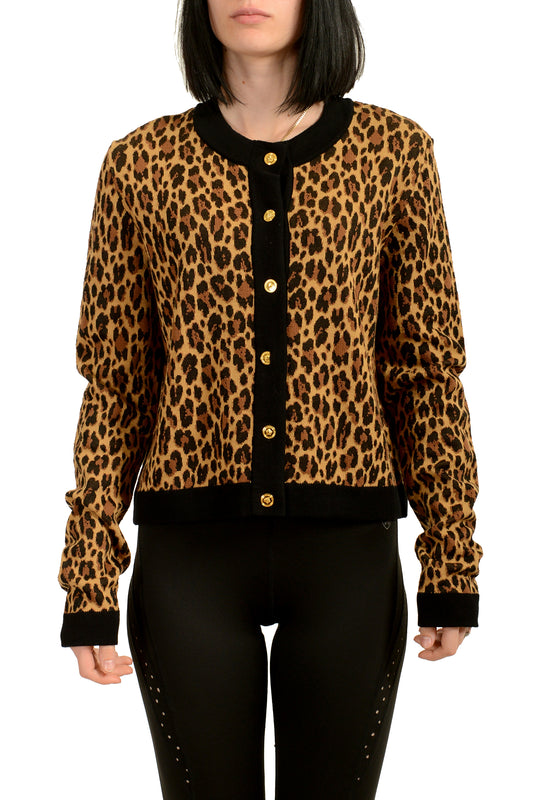 Versace Women's Leopard Jacquard Knit Cardigan Sweater US M IT 42