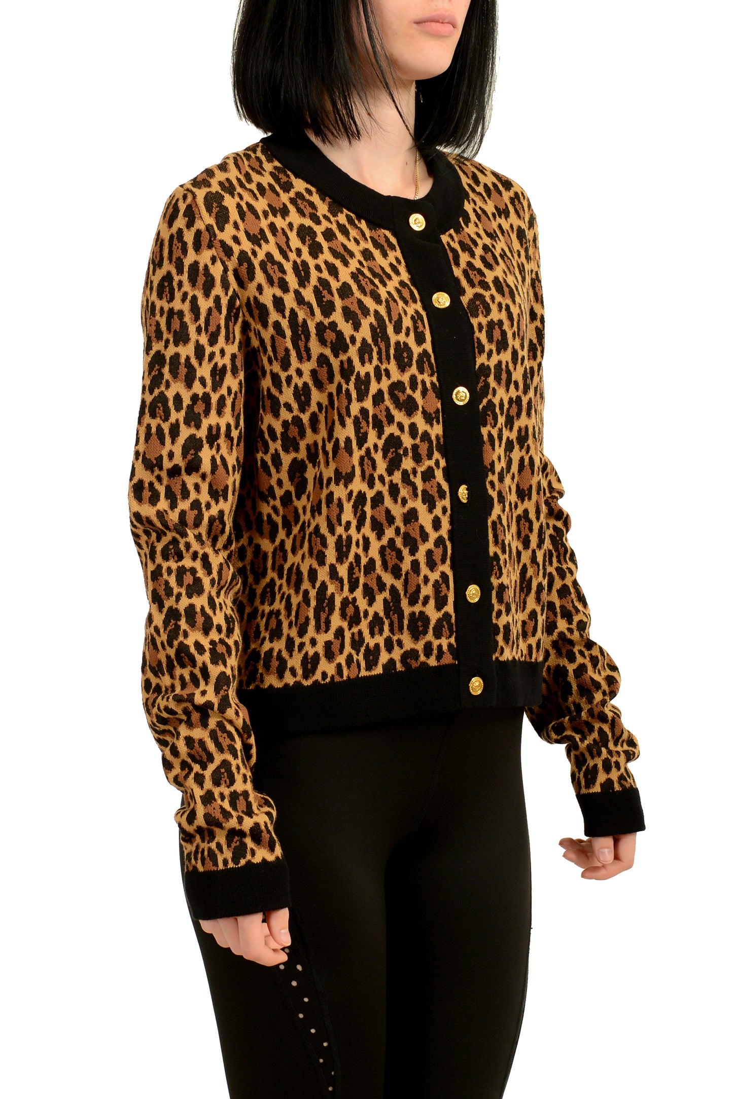 Versace Women's Leopard Jacquard Knit Cardigan Sweater US M IT 42